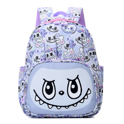 Blue Labubu Mischief Squad kids backpack featuring fun character designs and adjustable straps for young children.