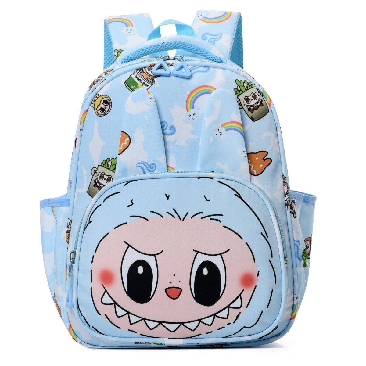 Blue Mischief Squad Labubu Kids Backpack with playful design, featuring adjustable straps and spacious main compartment.
