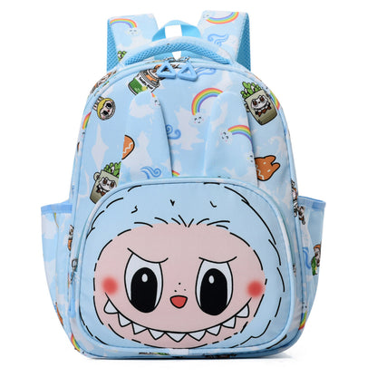 Blue Mischief Squad Labubu Kids Backpack with playful design, featuring adjustable straps and spacious main compartment.