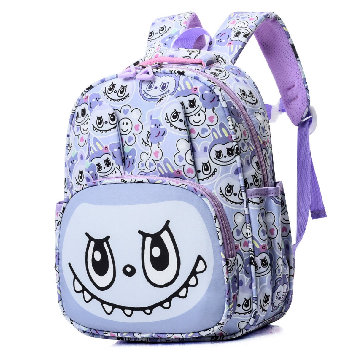 Blue Mischief Squad Labubu kids backpack featuring playful character design and adjustable straps, perfect for young children.