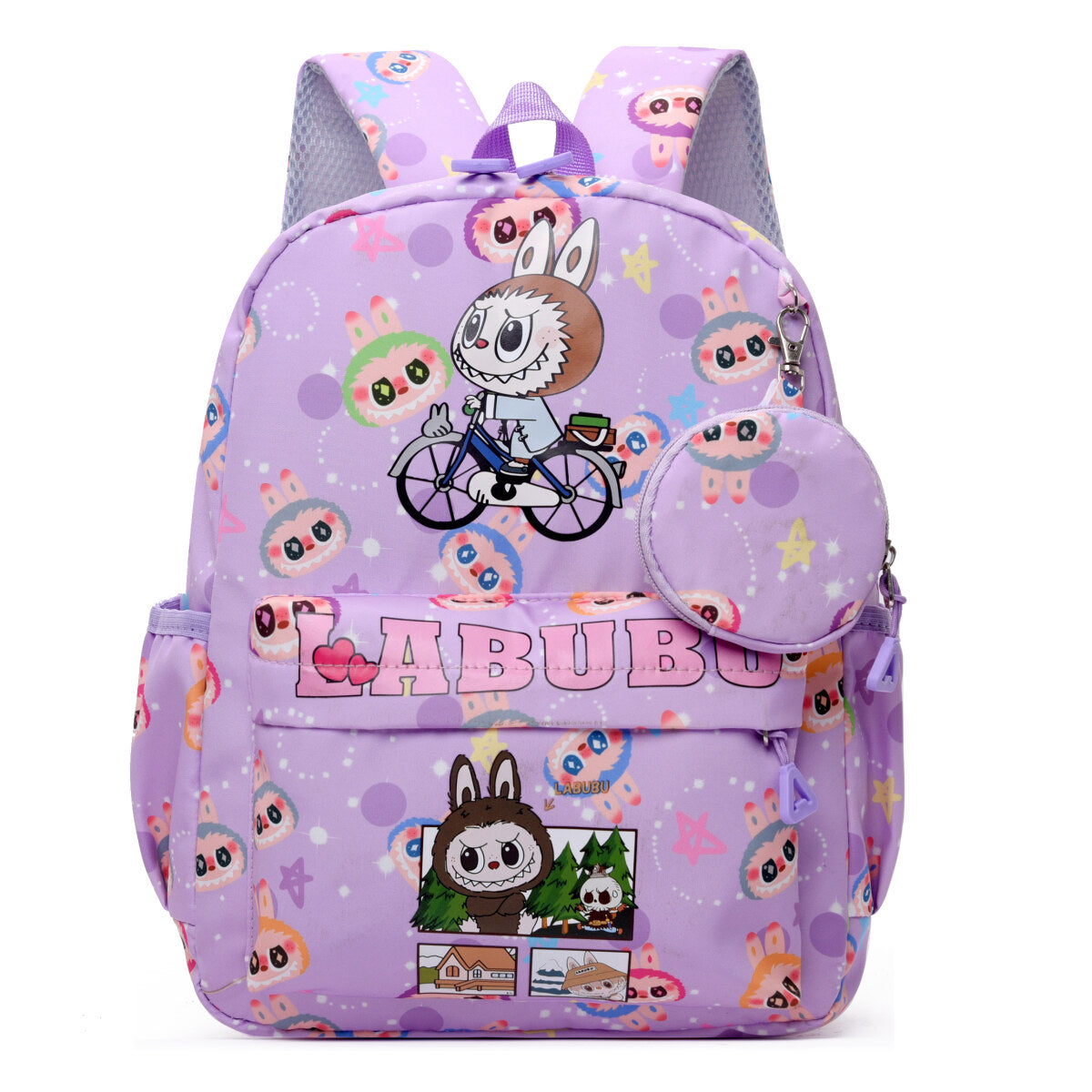 Blue Labubu Kids Backpack featuring outdoor fun design, ideal for school or outings, with adjustable straps and spacious interior.