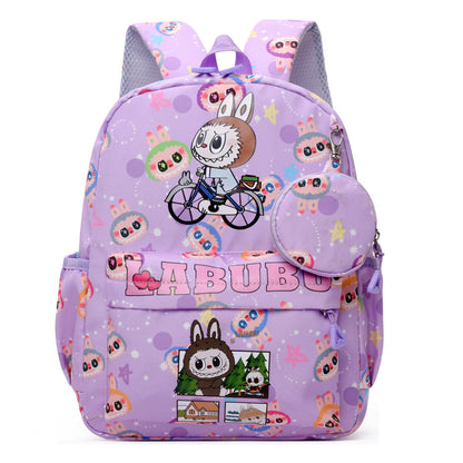 Blue Labubu Kids Backpack featuring outdoor fun design, ideal for school or outings, with adjustable straps and spacious interior.