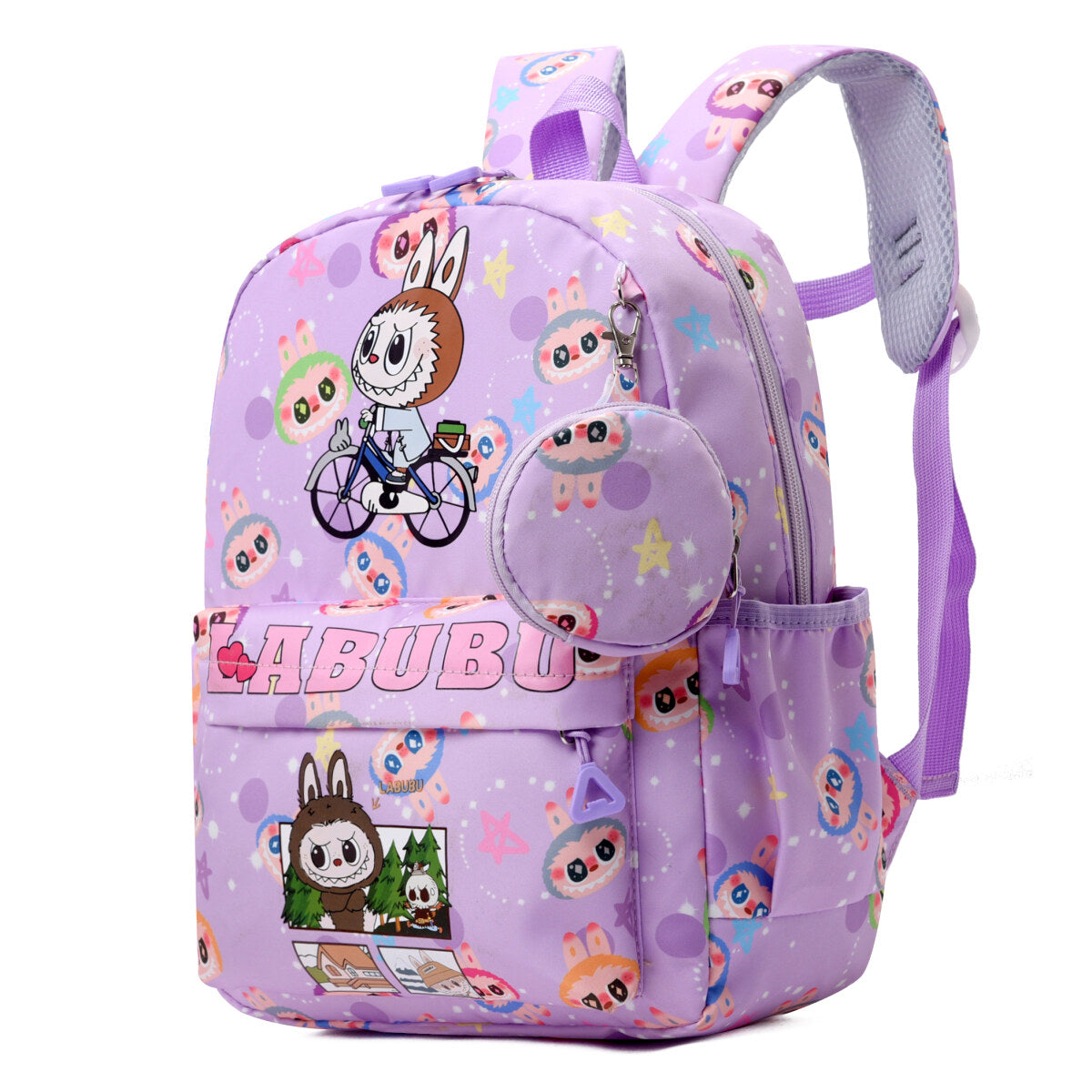 Blue Labubu Kids Backpack featuring outdoor fun design, ideal for children, with adjustable straps and spacious main compartment.