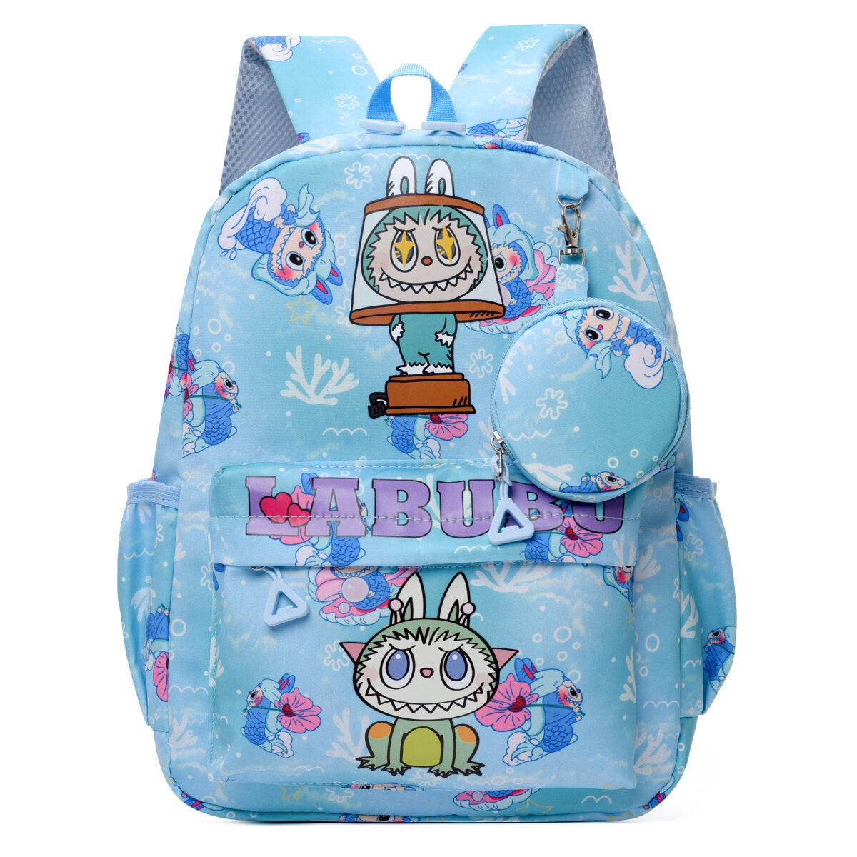 Blue Labubu Kids Backpack with outdoor-themed design, featuring adjustable straps and spacious main compartment.