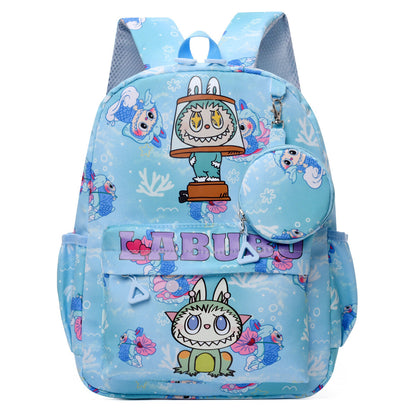 Blue Labubu Kids Backpack with outdoor-themed design, featuring adjustable straps and spacious main compartment.