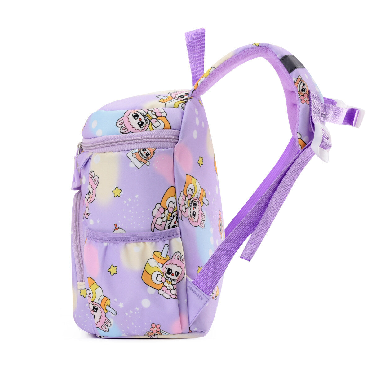 Blue Labubu Kids Backpack with "Pure Happiness" design, featuring adjustable straps and playful patterns for children.