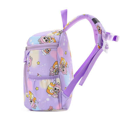 Blue Labubu Kids Backpack with "Pure Happiness" design, featuring adjustable straps and playful patterns for children.