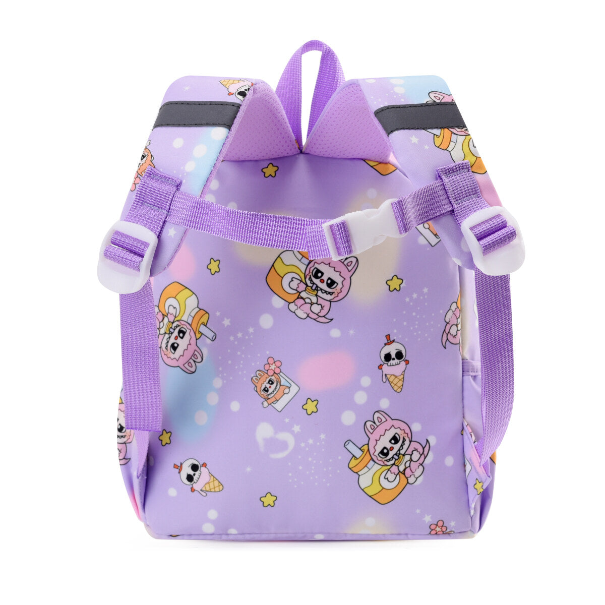 Blue Labubu Kids Backpack featuring colorful "Pure Happiness" design, with adjustable straps and spacious main compartment.