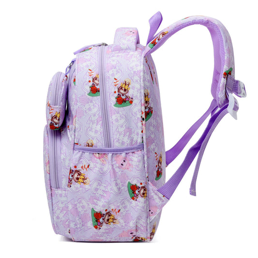 Violet Labubu Kids Backpack featuring a colorful "Stay With Me" design, durable straps, and spacious main compartment for children.