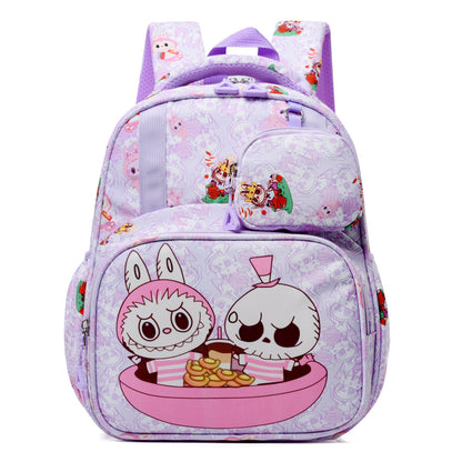 Blue Labubu Kids Backpack featuring colorful character designs, with adjustable straps and spacious main compartment.