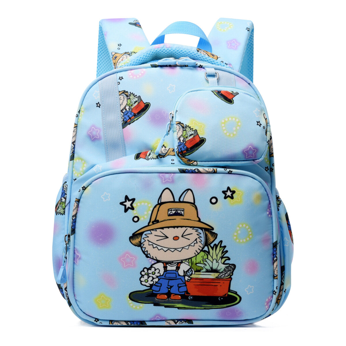 Blue Labubu Kids Backpack from the Stay With Me Labubu collection, featuring colorful character designs and adjustable straps.