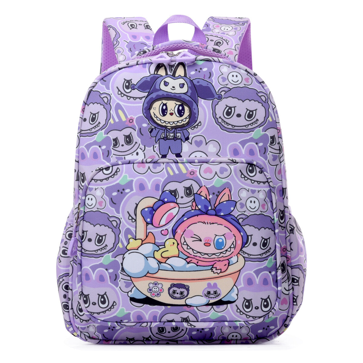 Blue Labubu Kids Backpack featuring a Sweet Home Labubu design, with adjustable straps and spacious main compartment.