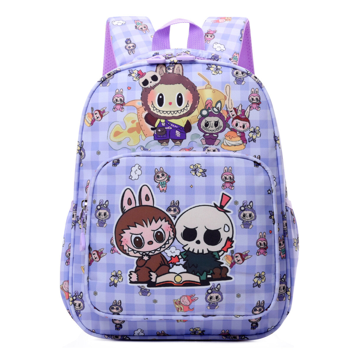 Blue Labubu Kids Backpack featuring a Sweet Home Labubu design, with adjustable straps and multiple compartments for children.