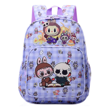Blue Labubu Kids Backpack featuring a Sweet Home Labubu design, with adjustable straps and multiple compartments for children.