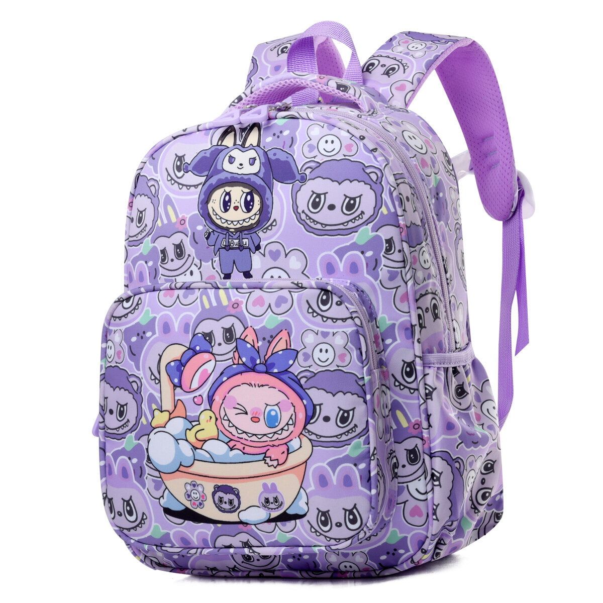 Blue Labubu Sweet Home Kids Backpack with colorful character design, featuring adjustable straps and spacious main compartment.