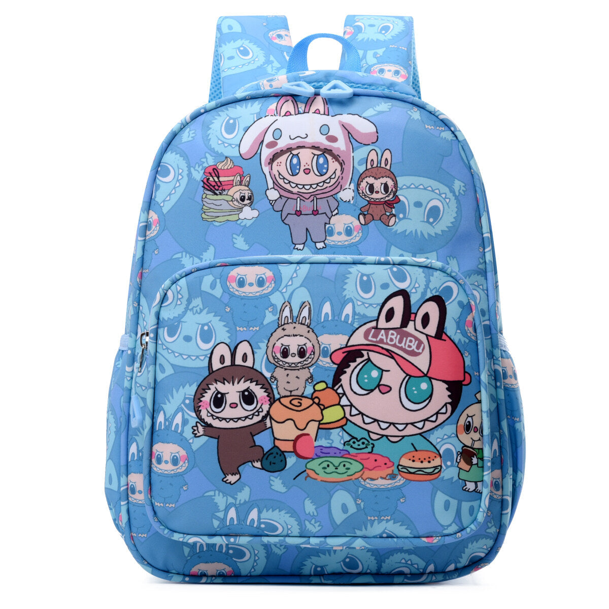 Blue Labubu Kids Backpack featuring a Sweet Home Labubu design, with adjustable straps and colorful characters on the front.