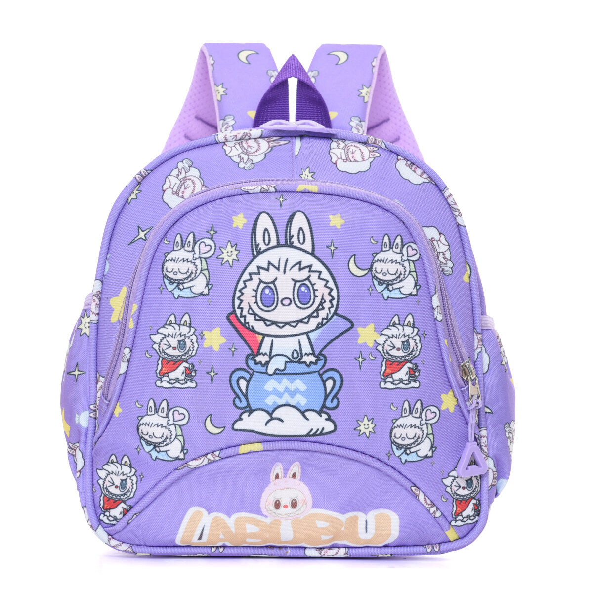 Mocha Labubu Kids Backpack with colorful magic shop design, featuring adjustable straps and front pocket for children.