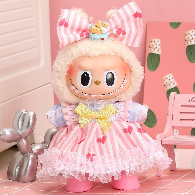Pink Labubu heart stripe dress with short sleeves and a fitted waist, featuring playful pink and white stripes.
