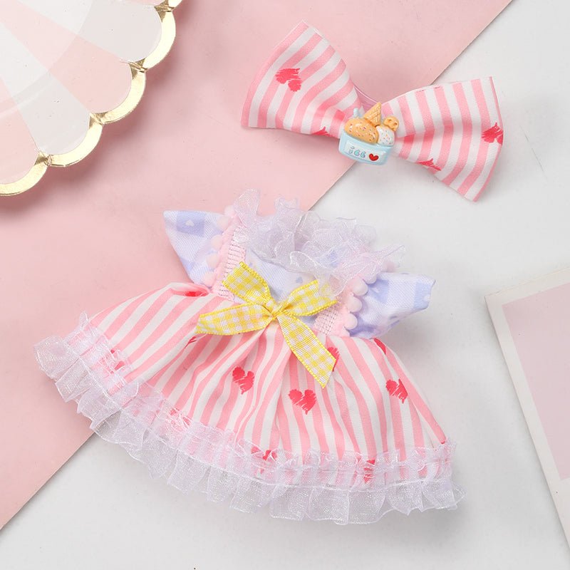 Pink Labubu heart stripe dress with bow and ruffle details, perfect for stylish, cute occasions.