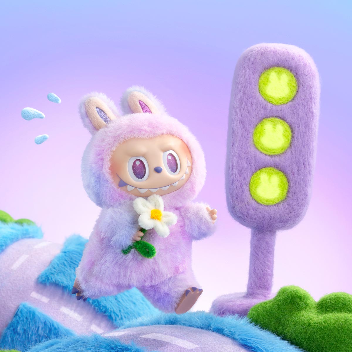 Labubu Loot The Monsters Big Into Energy Series vinyl plush pendant hanging from a display, featuring colorful character design.