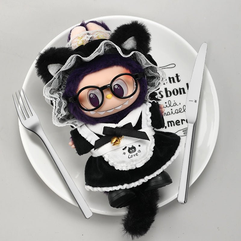 Black Labubu Kitty Maid outfit set with a frilly apron and cat ears, designed for a cute and playful costume look.