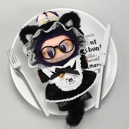 Black Labubu Kitty Maid outfit set with a frilly apron and cat ears, designed for a cute and playful costume look.