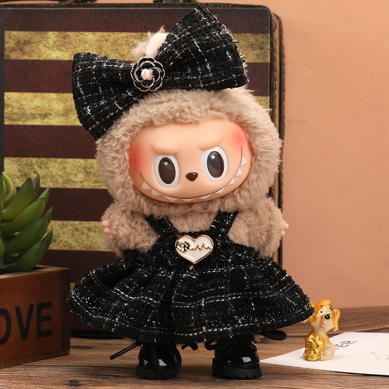 Labubu Parisian Heart tweed outfit set featuring a stylish black tweed fabric and intricate heart details, perfect for chic fashion.