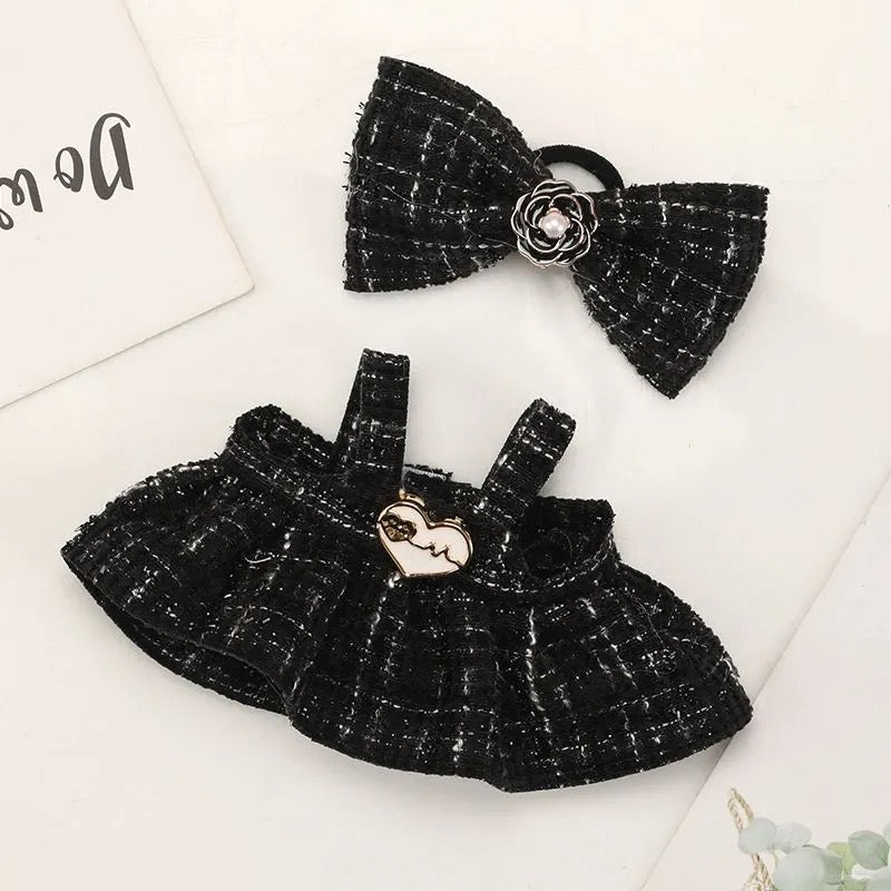 Labubu Parisian Heart Tweed Outfit set featuring a stylish black tweed fabric with elegant heart details, perfect for fashionable wear.