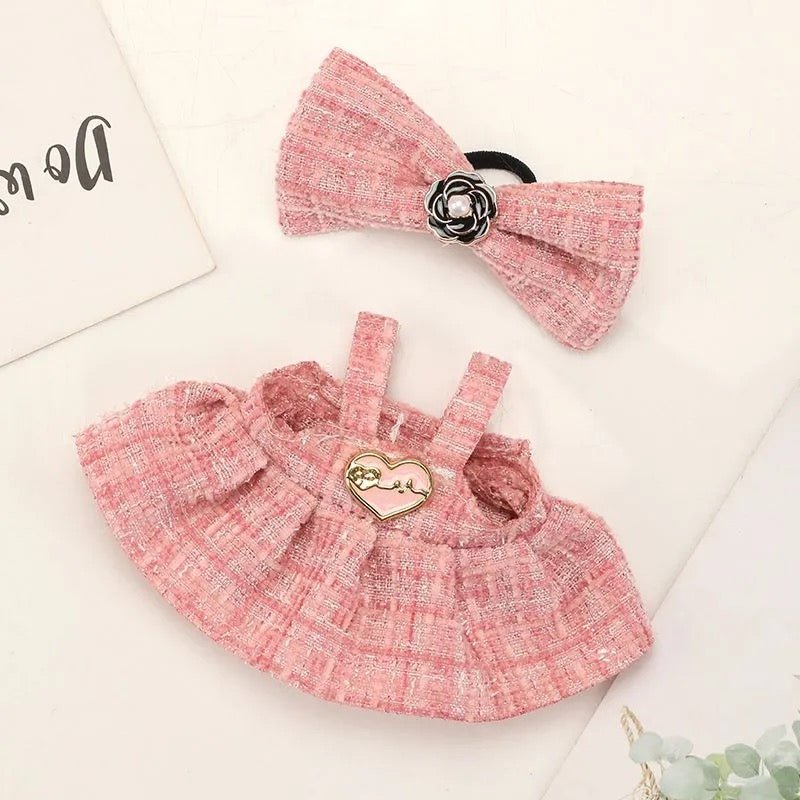 Labubu Parisian Heart Tweed Outfit set with black and pink heart pattern, featuring stylish tweed fabric and tailored design.