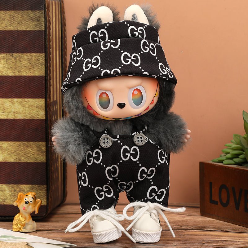 Labubu Vogue Monogram Overalls Outfit set featuring black fabric with stylish monogram design and adjustable straps.
