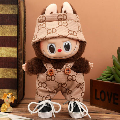 Labubu Vogue Monogram Overalls outfit set featuring stylish black overalls with monogram pattern, perfect for casual wear.