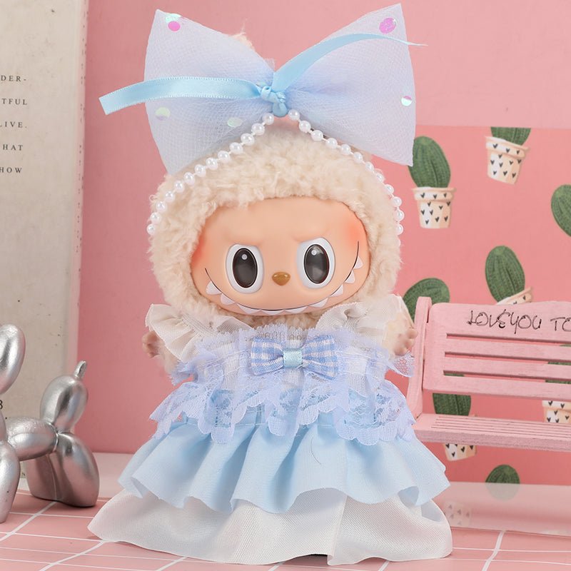 Labubu Romantic Ruffle Outfit set featuring blue fabric and ruffle details, perfect for a stylish, elegant look.
