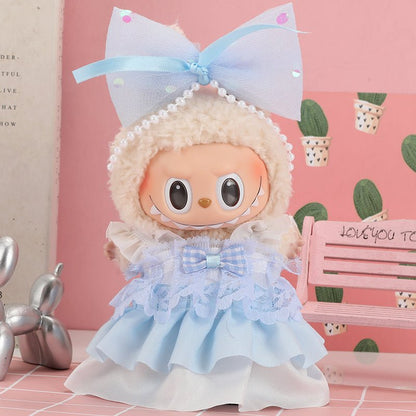 Labubu Romantic Ruffle Outfit set featuring blue fabric and ruffle details, perfect for a stylish, elegant look.