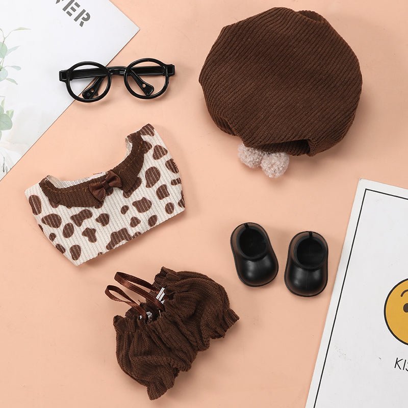 Labubu chocolate cow print top outfit set featuring a stylish chocolate brown cow pattern on a coordinated top and bottom ensemble.