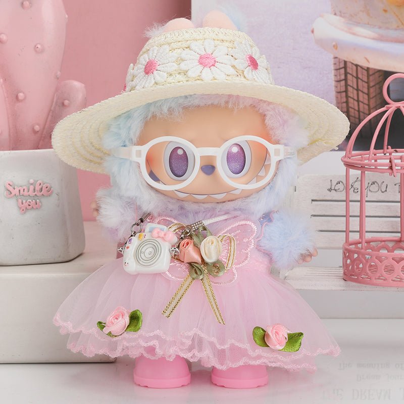 Pink Labubu Pasture Princess outfit set for dolls, featuring a detailed pink dress with floral accents and miniature accessories.