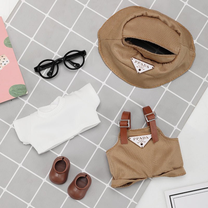 Labubu Triangle Badge Monochromatic Tan Outfit set featuring a stylish tan clothing ensemble with a triangle badge detail.