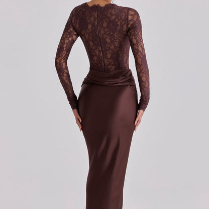 Lace Bodice Satin Ruched Mermaid Maxi Dress(MS415)