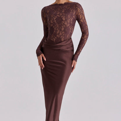 Lace Bodice Satin Ruched Mermaid Maxi Dress(MS415)