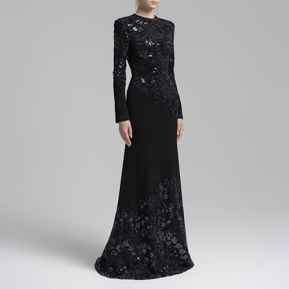 Lace Embroidered Mermaid Gown | Vintage Elegant Fishtail Maxi Dress (MS215)