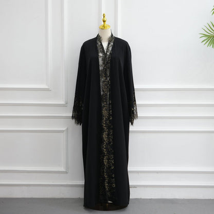 Lace-Panel Flared-Sleeve Open Abaya with Pockets(MOA332)