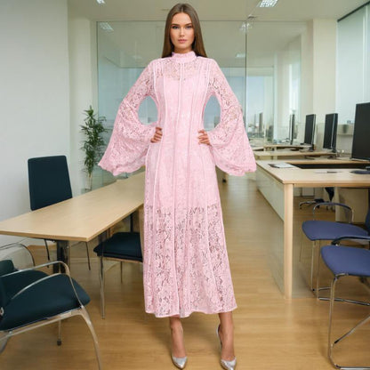Lace Stand Collar Bell Sleeve Maxi Dress (MS395)