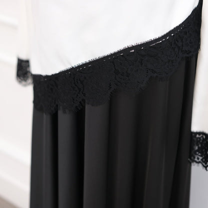Lace Trim Contrast Panel Satin Top(MS407)