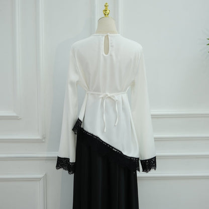 Lace Trim Contrast Panel Satin Top(MS407)