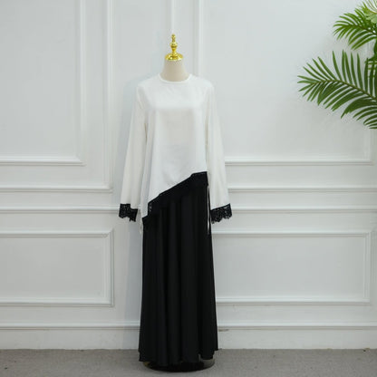 Lace Trim Contrast Panel Satin Top(MS407)