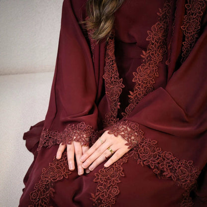 Lace-Trim Nida 3-Piece Abaya Set(MOA330)