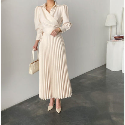 Lapel Bow Tie Waist Dress | Skinny Bubble Sleeve Pleated Midi Dress (MA240)