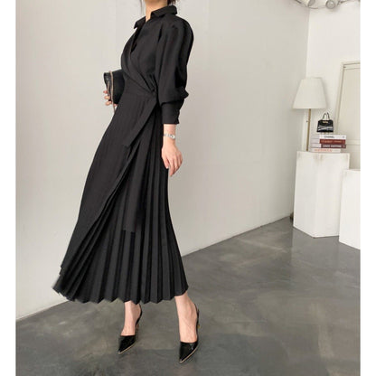Lapel Bow Tie Waist Dress | Skinny Bubble Sleeve Pleated Midi Dress (MA240)