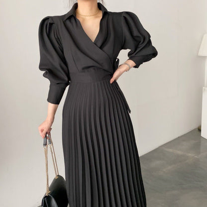 Lapel Bow Tie Waist Dress | Skinny Bubble Sleeve Pleated Midi Dress (MA240)