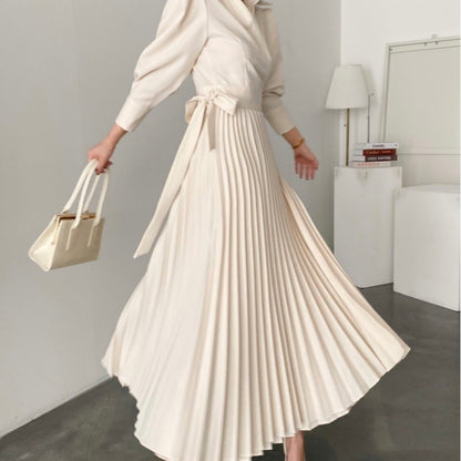 Lapel Bow Tie Waist Dress | Skinny Bubble Sleeve Pleated Midi Dress (MA240)
