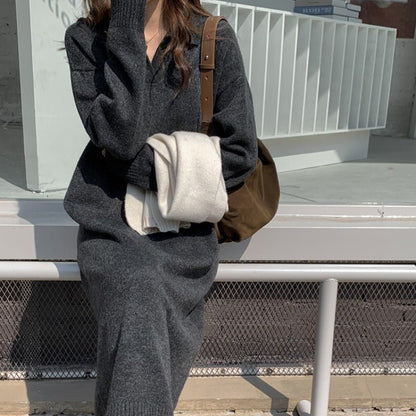 Lazy Style Polo Collar Knit Maxi Dress | Thick Sweater Base Layer Dress(MS157)